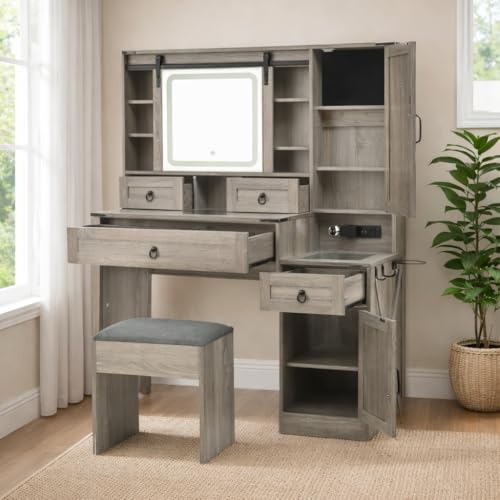 Clyrava 42.52" Farmhouse Makeup Vanity Desk with Sliding Mirror, Lights, Glass Tabletop, 4 Drawers, 2 Cabinets, Stool Charging Station, Grey Wood Vanity Set for Bedroom, Dressing Room (Gray)