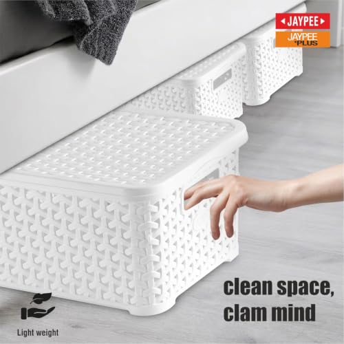 Image of Jaypee Plus Keep all 3 Plastic Storage Basket Organizers With Lid For Kitchen,Fridge, Office Wardrobe, Stationery, Household, Toys & Multipurpose use Pack of 3 Durable Box, White