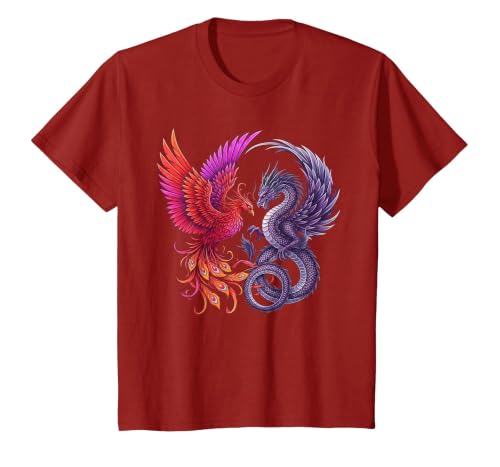 Mystical Phoenix and Dragon Swirl Yin Yang Design Men Women T-Shirt, Youth, Cranberry Red, Medium