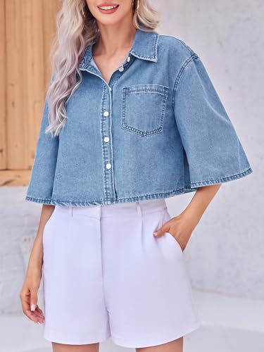 Tankaneo Womens Crop Denim Shirt Half Sleeve Button Down Short Jean Jacket with Pocket3