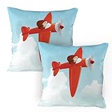 ABAKUHAUS Flugzeug Kissenbezug Packung mit 2, Niedliches Flugzeug-Fliegen im bewölkten Himmel Kleiner Junge Pilot Baby Children Cartoon Print, Gedruckter Kissenbezug, 80 x 80 cm, Orange Blue