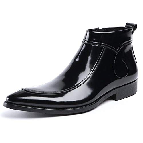 Ankle Boot for Men High Top Boot Slip On StyleGenuine Leather Patent Leather Zipper Pointed Toe Block Heel Easy Care