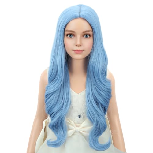 Image of PATTNIUM Light Blue Long Curly Middle Part Wig Halloween Costume Wig