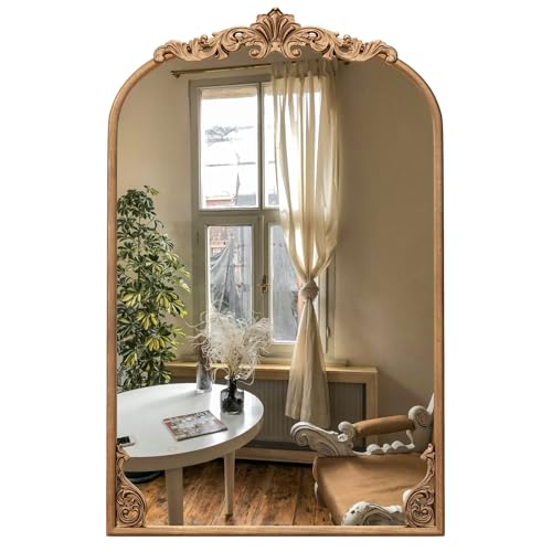 LIFEZEAL Specchio Barocco Vintage da Parete, Specchio Dorato Sospeso, Mirror, Forma di Arco, Antico, con Cornice Metallica Decorativa, per Soggiorno, Corridoio, Ingresso, Bagno (95x66 cm)
