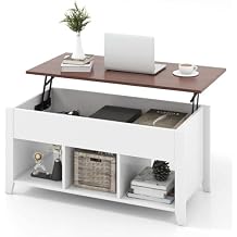 CASART Lift Top Coffee Table, Wooden Lifting Sofa Side Table with Lift Tabletop, Hidden Storage, 3 Open Cubes, Middle Leg, Home Office Tea Table for Living Room Bedroom Study White