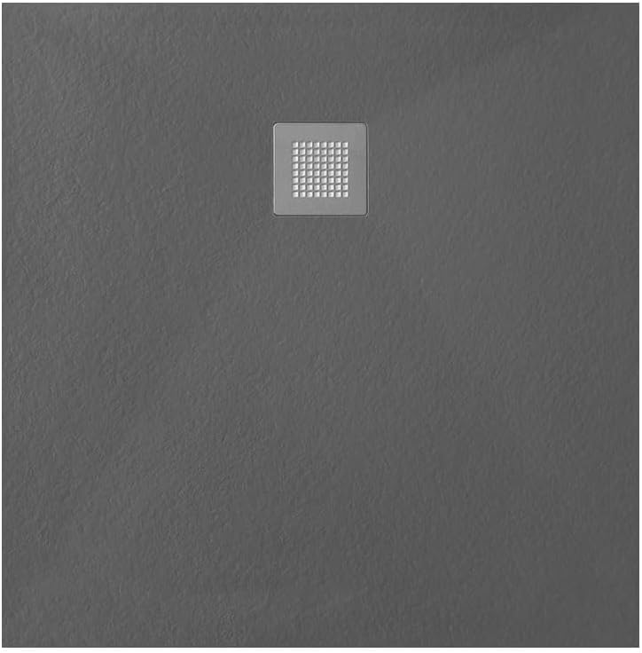 Belvit Duschwanne aus Kompositstein Schwarz, Schieferstruktur, Größe 100x100 cm, flach und modern, rutschhemmend, robust, inkl. Ablaufgarnitur, einfache Montage