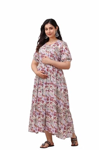 Image of Women's Rayon Anarkali Maternity Ankle Length Dress, Pregnancy Dress,Feeding Kurti,Easy Brest Feeding Dress, with Both Side 9 inch Zipper and Belt
