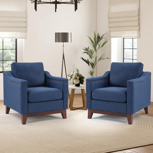 Image of Vintage Upholstered Armchair Set of 2 with Nailhead Trim and Solid Wood Legs, Comfortable Accent Chair for Living Room & Bedroom, Blue