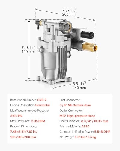 Image of VEVOR Pressure Washer Pump, 3 /4 inch Shaft Horizontal, 3100 PSI, 2.35 GPM, Replacement Power Washer Pumps Kit with Hardware and Siphon Tube, Compatible with Simpson, Honda, Troy-Bilt, Generac and Delta