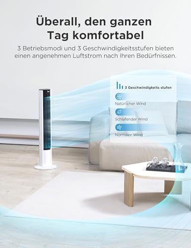 Midea FZ10-19BRA Turmventilator, robuster Kupfermotor, Luftzufuhr nach innen, Fernbedienung, 7-Stunden-Timer, Touch- und Bedienfeld-Display, drei Modi und drei Geschwindigkeiten zur Auswahl 4