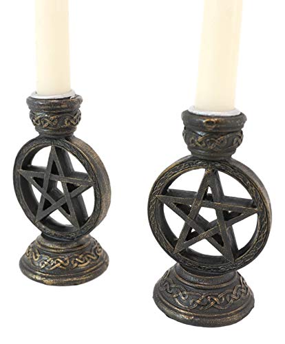 Ebros Set Of 2 Wicca Celestial Pentagram Pentacle Stars Encased In Circle Of Life Symbol Taper Candle Or Cone Incense Holders With Celtic Knotwork Design Wiccan Paganism Decorative Figurine #TOP3