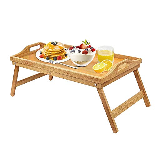 LZYMSZ Mesa de desayuno de bambú con patas plegables, bandeja multiusos para servir, escritorio para ordenador portátil, mesa de cama para sofá, cama, comer, trabajar, bandeja para servir