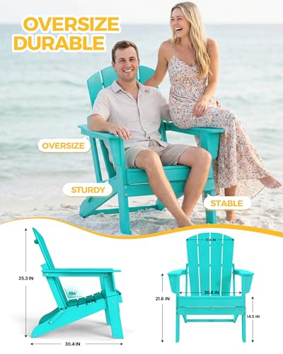 Image of Folding Adirondack Chair Set of 2, Lightweight-Portable HDPE Patio Chair, All-Weather Space-Saving Foldable Fire Pit Seating for Camping, Backyard, Deck-Aruba Blue