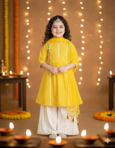 Image of Naixa Girl's Rayon Chanderi Yellow White Solid Printed Top With Sharara and Dupatta 3 /4 Sleeve | Kurta Sharara Set For Girl's