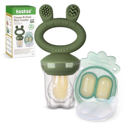 Image of Haakaa Baby Fruit Food Feeder & Mini Freezer Nibble Tray Combo, Breastmilk Popsicle Molds for Baby Cooling Relief, BPA Free Silicone Feeder for Safe Infant Self Feeding, 4 Month+(Olive Green)