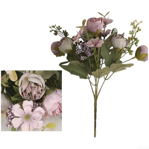 Ramo de rosas de seda realista para decoración de arco de boda, decoración del hogar, decoración de hogar, decoración de escritorio de oficina y exhibiciones comerciales (morado)