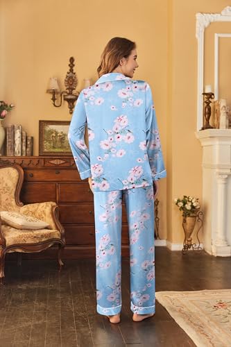 Image of Ekouaer Women's Classic Button Down Long Satin Silk Pajama Set