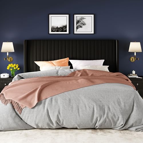 Image of Allewie King Size Velvet Bed Frame /Vertical Channel Tufted Wingback Headboard /Upholstered Platform Bed /Strong Wooden Slats /No Box Spring Needed /Easy Assembly /Black