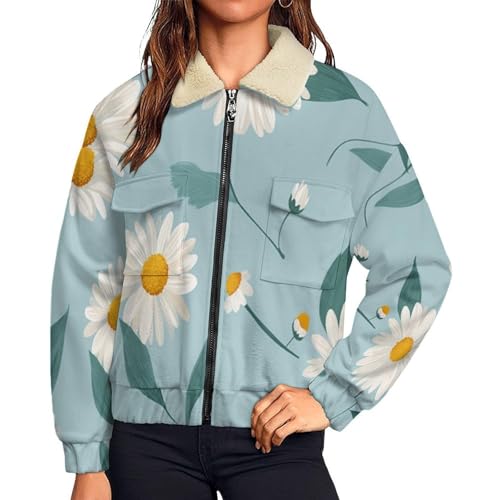 Chaqueta de peluche mujer suave con ilustración retro de margaritas y abrigo cómodo sherpa