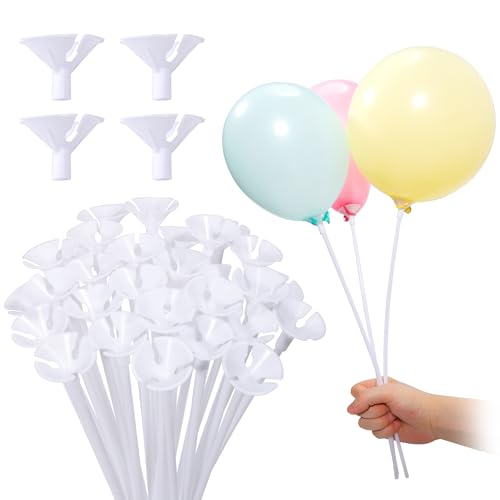Pllieay 35 Pieces 12.6 Inch Balloon Sticks, Plastic White Balloon Stick with Cups for Birthday Party, Valentine's Day, Wedding, Anniversary Decoration, Balloon Sticks with Base
