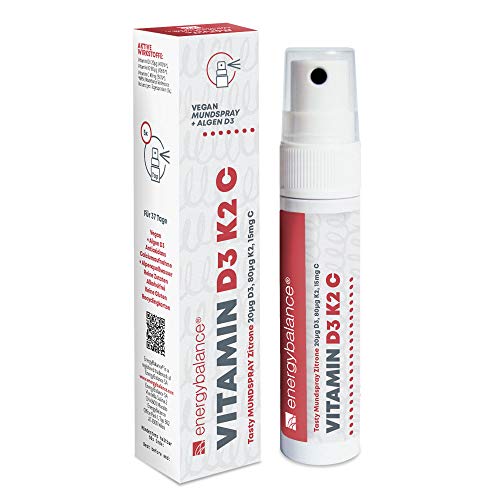 EnergyBalance Vitamina D3 K2 C Spray para la boca durante 37 días - Vitamina D3 vegana de algas - Vegana - Sin alcohol - Sin gluten - 185 sprays