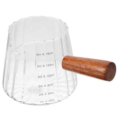 Ciieeo Milk Frothing Glass Jug 6Oz Latte Jug with Wooden Handle Measuring Cup for Coffee Bar and Home Use