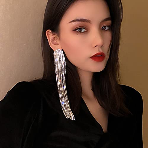 Wekicici Long Rhinestones Tassel Earrings Crystal Chandelier Tassel Long Big Statement Chain Dangle Drop Earrings for Women3