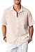 KYKU Cream Shirt Men Cotton Shirts for Men Button Up Short Sleeve Top Summer Business Casual with Pocket L
