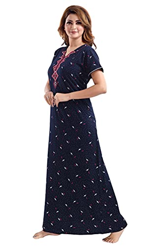 Image of 9shines Label Designer Nighty | Cotton Blend Nighty for Women | Night Gown | Nightdress | Front Open Buttons,Floral Embroidery On The Neck & Pocket On The Right Side (5001)