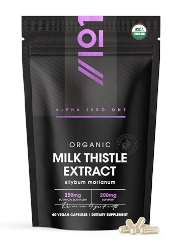 ALPHA01 Organic Milk Thistle Extract Capsules - 80% Silymarin Flavonoids (200mg) - 60 Count
