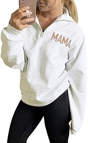 Women Mama Sweatshirt Mama Life Zip Up Pullover High Collar Quarter 1 4 Zip Coat Jacket Casual Long Sleeve Shirt Top White