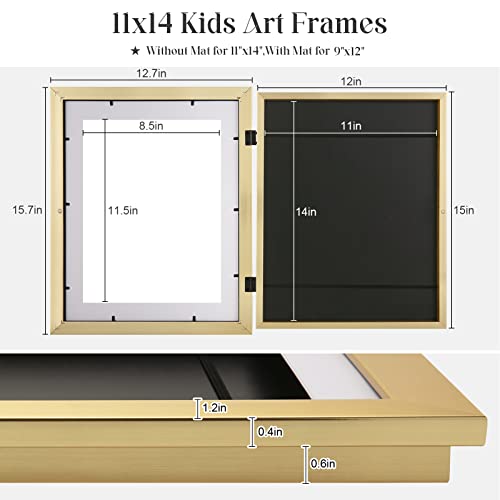 Image of [2Pack] Kids Art Frames, 11x14 Front Opening Kids Artwork Frames Changeable, Gold Artwork Display Storage Frame for Wall, Holds 50 Pcs, for 3D Picture, Crafts, Children Drawing, Hanging Art, Portfolio