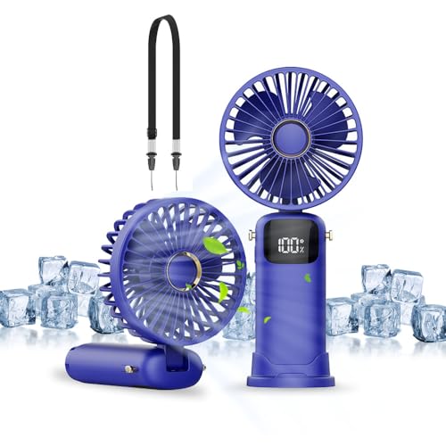 KUWUNG Handventilator Tragbarer Mini Handventilator Akku Aufladbar mit 6 Geschwindigkeiten Kleiner Faltbarer Hand Ventilatoren mit USB Kabel Leiser Reiseventilator für Kinder und Erwachsene (Blau)