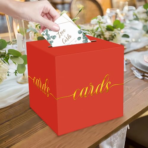 Image of 1 Pack Red and Gold Foil Card Box for Party, 8.7 inch Red Gift Card Box Money Box for Birthday, Wedding, Baby Shower, Retirement, Anniversary, Bridal Shower, Graduation, Raffle Ticket