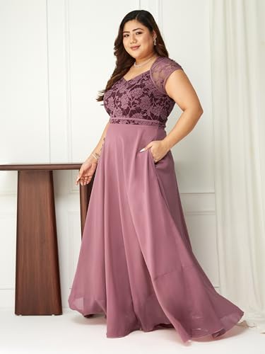 Image of Miss Chase A+ Women's Floral Printed Relaxed Fit V -Neck 3 /4Th Sleeve Georgette Maxi Dress
