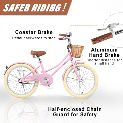 Image of Glerc Little Molly 12-20 Inch Kids Retro Cruiser Bike for 2-13 Year Old with Wicker Basket & Training Wheels /Kickstand, Multiple Colors
