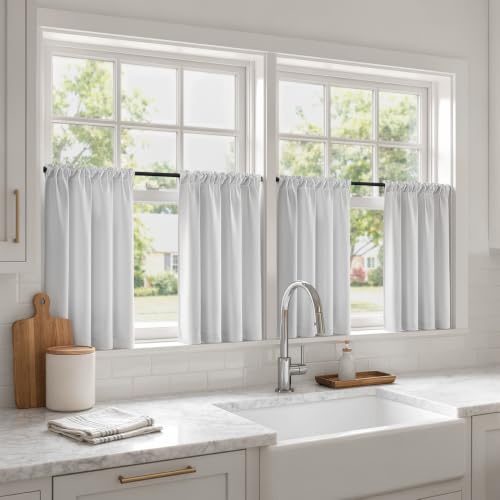 Image of MIULEE 4-Panel Blackout Kitchen Window Curtain Panels 40 inchx45 inch Greyish White | Privacy Protection, Heat /Light Blocking, Easy Install, Top&Bottom Rod Pocket, Suitable for Small Windows, Soft&Durable