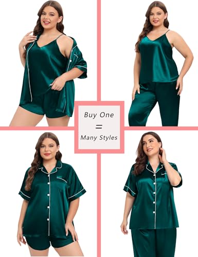 Image of SWOMOG Women Plus Size Pajama Set 4pcs Silk Satin Sleepwear Button Down Pjs Cami Shorts Set Loose Loungewear 16W-26W