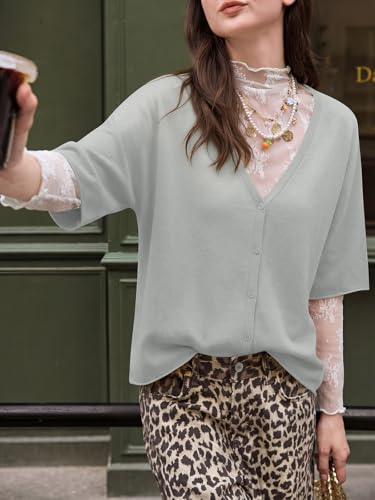 Image of Saodimallsu Womens V Neck Half Sleeve Cardigan Sweaters Summer Knit Tops | Oversized Fit, Button Down, Batwing Sleeve, Soft Lightweight Knitted Fabric, Trendy Casual Style, Summer Fall Outfits