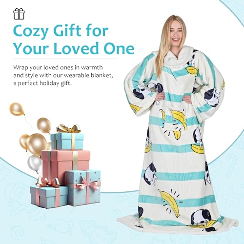 Image of Catalonia Sherpa Wearable Blanket with Sleeves Arms, Comfy Sleeved TV Wrap Blanket, Large Snuggly Throw for Women and Men, Gift for Her, Banana Dog