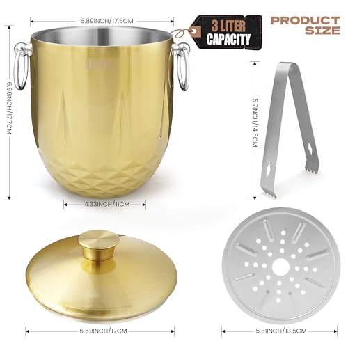 Ice Bucket with Lid,Tongs and Strainer (3L/Gold) Double Wall Stainless Steel Ice Bucket Keeps Frozen Longer, Insulated Ice Bucket Perfect for Parties, Cocktail bar, Chilling Wine, Champagne - Image 4