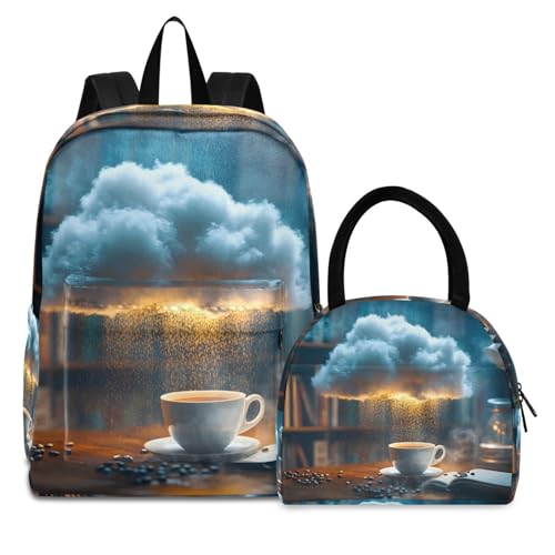 Backpack Lunch Box Set Large Capacity Travel Backpacks and Insulated Lunch Bag for Commute Hiking Picnic Surreal Coffee Photo Print