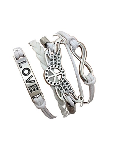 STRASS & PAILLETTES Bracelet Blanc Peace and Love avec Ailes d'ange Love et Lien Infini