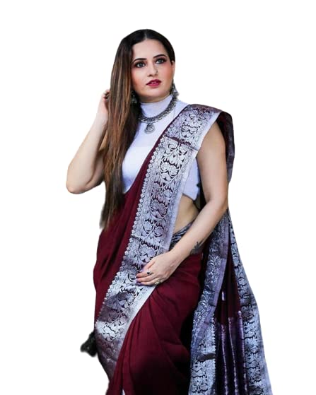 Flosive Women's Banarsi Pure Silk Kanjiwaram Jacquard Saree With Blouse Piece (Dark Maroon)