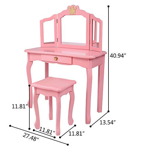 Image of Vanity Set,ShyneeMakeup Dressing Vanity Set Wooden Princess Makeup Table with Cushioned Stool,Drawer,Wooden Legs and Mirror, Make Up Dressing Play Set for Girls (Pink Crown)