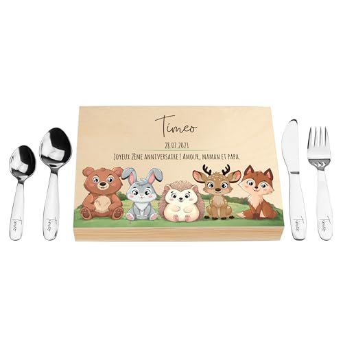 LAUBLUST Couverts pour enfants gravés - Coutellerie dans boîte en bois imprimé, naturelle - Couverts avec prénom | Cadeau de baptême pour enfants | Couverts de table en inox (Animaux de la Forêt)