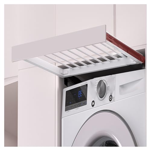 Étagère coulissante au-dessus du sèche-linge pour organiser linge et pantalons