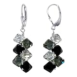 .925 Sterling Silver Leverback Dangle Earrings with Austrian Crystals Clear and Black