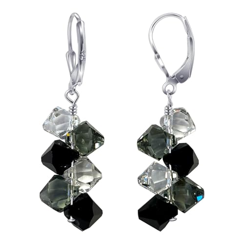 .925 Sterling Silver Leverback Dangle Earrings with Austrian Crystals Clear and Black