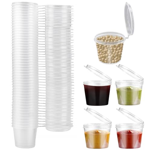 Miayical Mini Vasos de Plástico Transparentes, Recipientes Pequeños de Plástico con Tapas, 50pc Envases de Plastico con Tapa para Salsa, Condimentos, Aderezo para Ensaladas